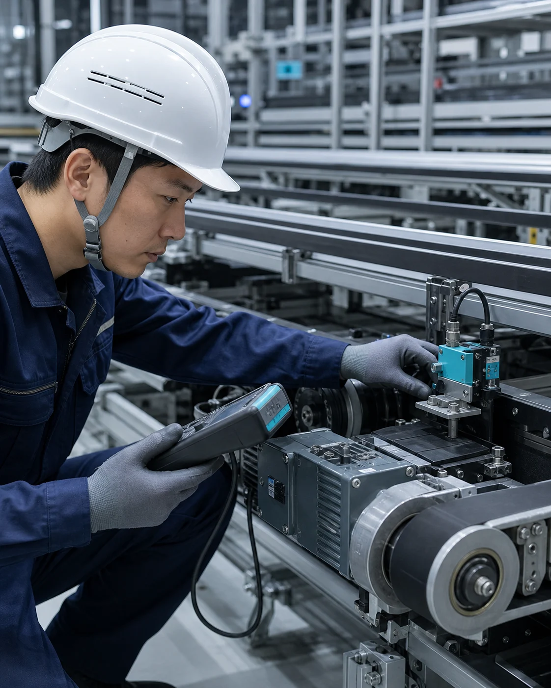 自動化設備を点検するサービスエンジニアの手元